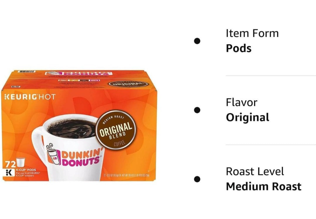 Dunkin Donuts Original Blend Coffee K-Cup Pods, Medium Roast, 72ct