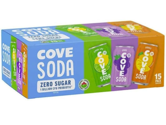 Cove Sparkling Probiotic Soda with zero-sugar, fruit juice and coloured with superfoods healthy soda variety pack 15 x 355 mL