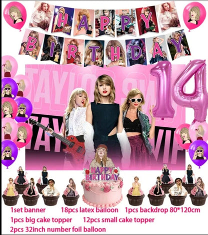 Taylor Swift Party Decorations Birthday Party Supplies Banner- Backdrop Cake Topper 12 Cupcake Toppers - Balloons and Number Balloon