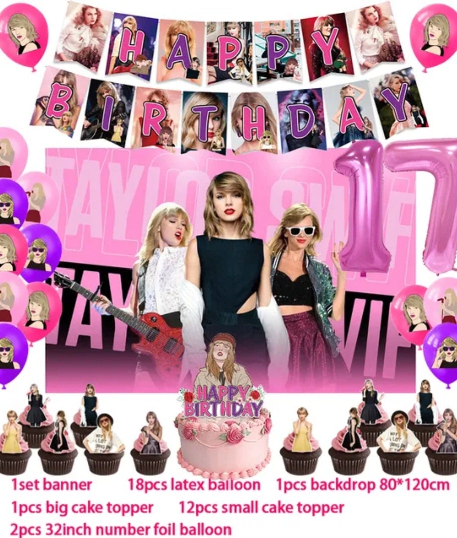 Taylor Swift Party Decorations Birthday Party Supplies Banner- Backdrop Cake Topper 12 Cupcake Toppers - Balloons and Number Balloon