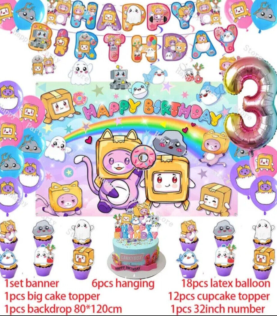 Lankybox Foxy Birthday Backdrop Banner Photo Background Party Decor Balloons