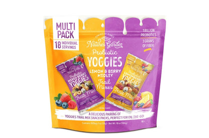 Nature Garden Probiotic Yoggies Lemon-Berry and Berry Medley Trail Mix 18 Bags of 1 oz each, Yogurt Covered Fruits,High Fiber, Real Fruit Pieces, No Artificial Ingredients, Healthy Snack for Adults