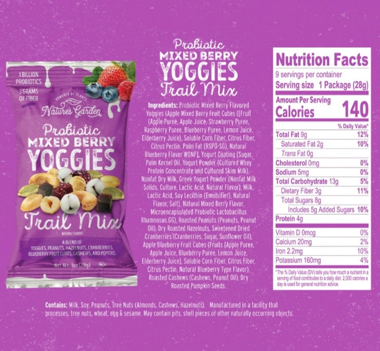 Nature Garden Probiotic Yoggies Lemon-Berry and Berry Medley Trail Mix 18 Bags of 1 oz each, Yogurt Covered Fruits,High Fiber, Real Fruit Pieces, No Artificial Ingredients, Healthy Snack for Adults