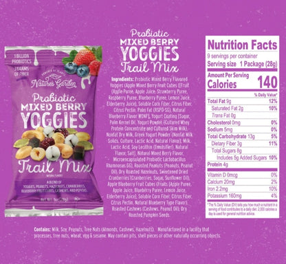 Nature Garden Probiotic Yoggies Lemon-Berry and Berry Medley Trail Mix 18 Bags of 1 oz each, Yogurt Covered Fruits,High Fiber, Real Fruit Pieces, No Artificial Ingredients, Healthy Snack for Adults