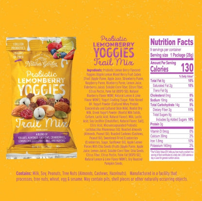 Nature Garden Probiotic Yoggies Lemon-Berry and Berry Medley Trail Mix 18 Bags of 1 oz each, Yogurt Covered Fruits,High Fiber, Real Fruit Pieces, No Artificial Ingredients, Healthy Snack for Adults