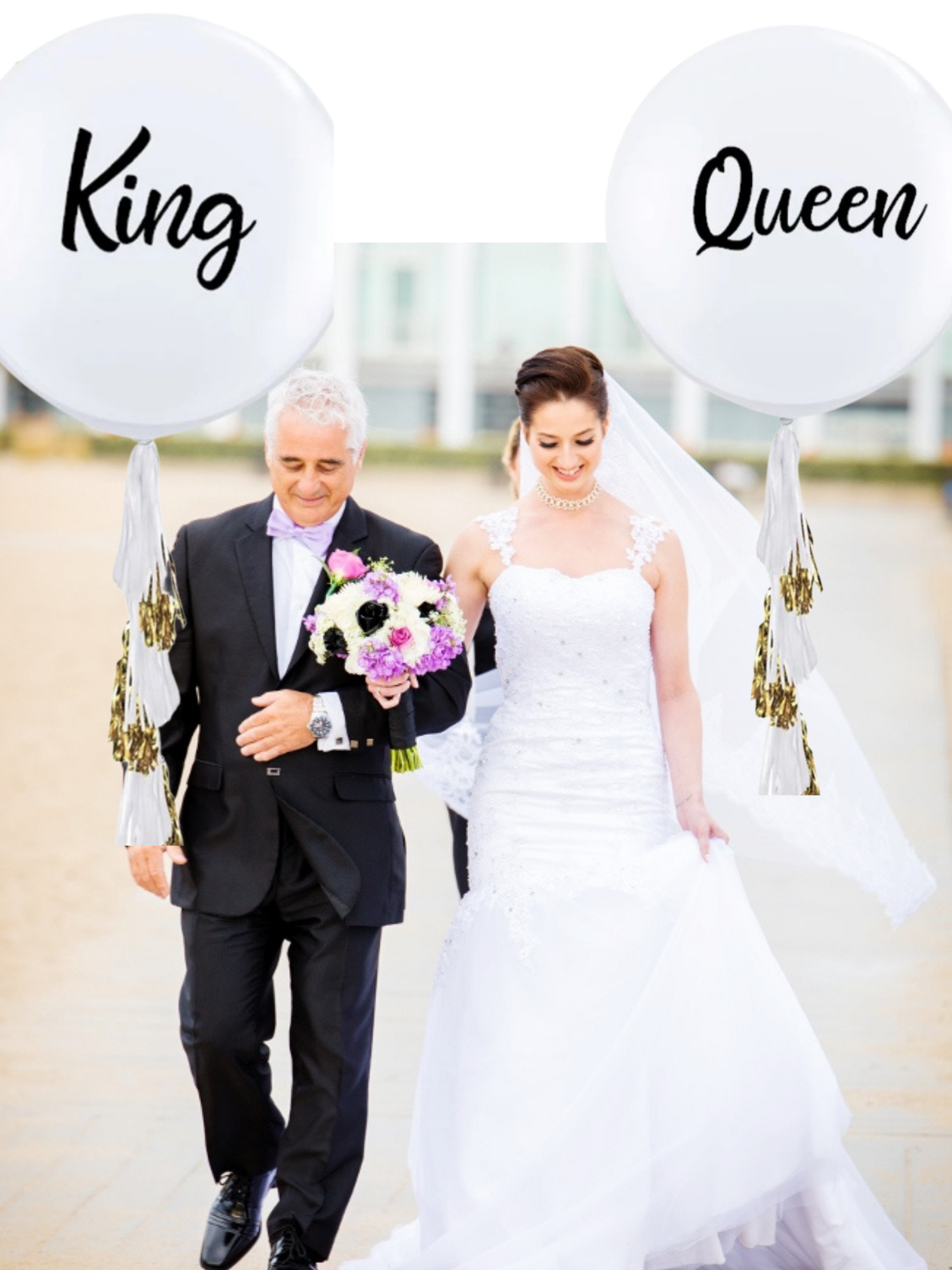 King and Queen Balloons Jumbo Size 36 inch with Gold and White Paper Tassels - Queen of the Castle Emporium