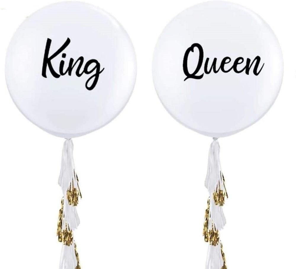 King and Queen Balloons Jumbo Size 36 inch with Gold and White Paper Tassels - Queen of the Castle Emporium