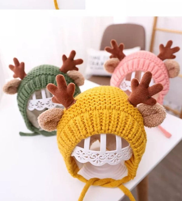 Kids Wool Knitted Hat Unisex Antler Knitted Cap Earmuffs Hat Beanie for Fall Winter, Pink/Red/Coffee/Green/Yellow