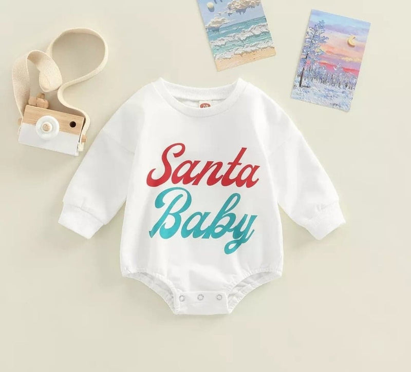 Newborn Infant Baby Girl Bodysuit Santa Baby Round Neck Long Sleeve Jumpsuit Christmas Clothing