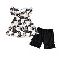 Kids Wednesday Addams Outfits Cartoon Girls Long Sleeves Bell Bottom Pants or shorts 2 Piece Sets