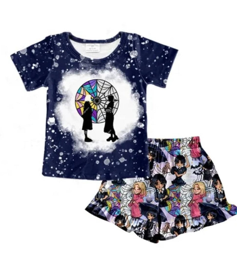 Kids Wednesday Addams Outfits Cartoon Girls Long Sleeves Bell Bottom Pants or shorts 2 Piece Sets