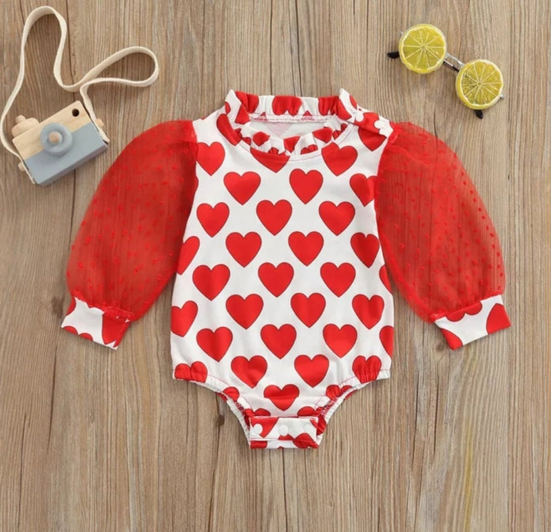Valentines Days Baby Girls Princess Rompers 0-24M Heart Printed Mesh Long Puff Sleeve Ruffles Collar Jumpsuits