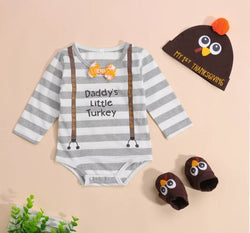 My First Thanksgiving Outfit Long Sleeve Striped Rompers Turkey Hat Socks Set, Great Gift