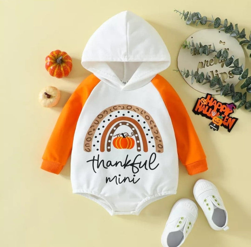Infant Baby Girl Boy Long Sleeve Hooded Neck Cartoon Letters Print Loose Button Thanksgiving Romper