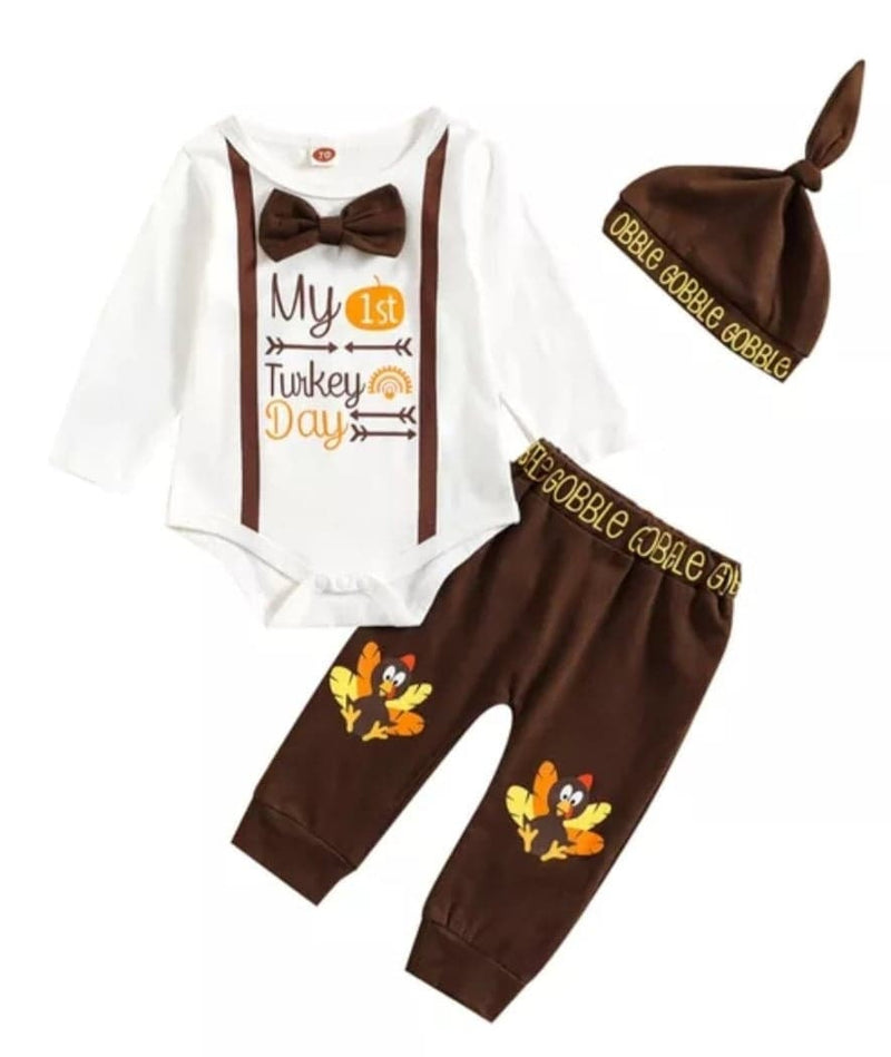 Newborn Infant Baby Girl Boy Thanksgiving Clothing Long Sleeve Turkey Printed Letter Bodysuit Pants