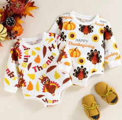 Infant Baby Girl Thanksgiving Day Bodysuit Long Sleeve Round Neck Turkey Leaf/Pumpkin Print Bodysuit