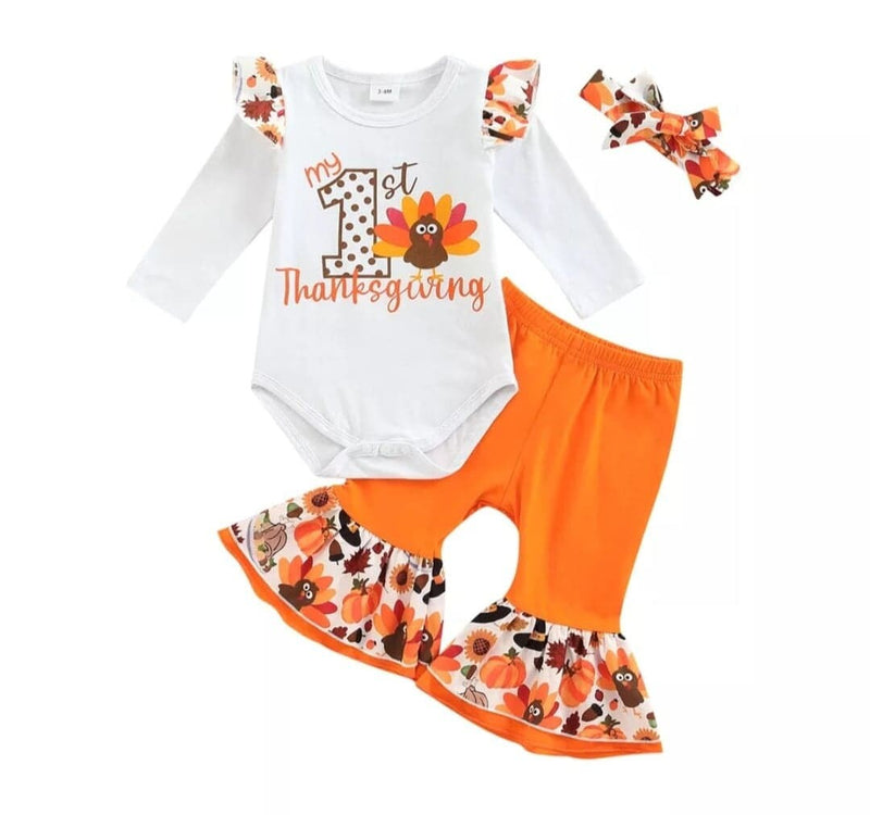 First Thanksgiving Day Long Sleeve Round Neck Romper Shirt + Bell-Bottoms Trousers + Headband