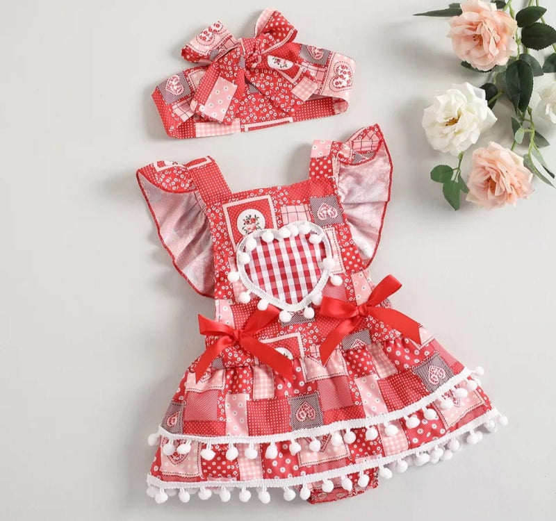 Valentines Days 2pcs Summer Baby Girls Rompers Headband 0-24M Fly Sleeve Heart Plaid Printed Tassel Backless Jumpsuits