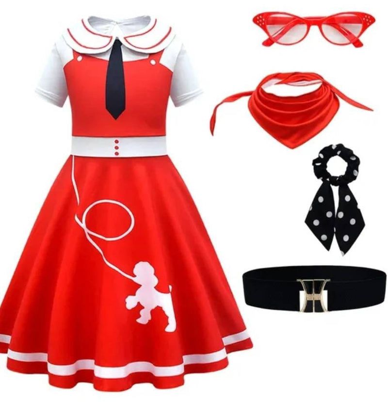 Halloween Cosplay 50s Poodle Dress for Girls Carnival Movie Role Play Poodles Print Stage Performance Masquerade Party Costume