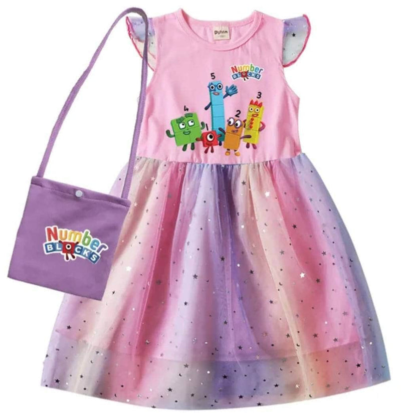 Graphic Number blocks Clothes Baby Girls Princess Dresses with Small Bag Kids Cartoon Cute Party Dress