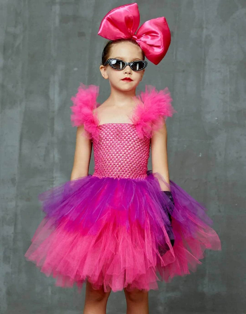 Kids Punk Rock Tutu Dress with Big Bows and Glasses Baby Girls Rockers Queen Halloween Costume Handmade Kids Tiered Party Dress