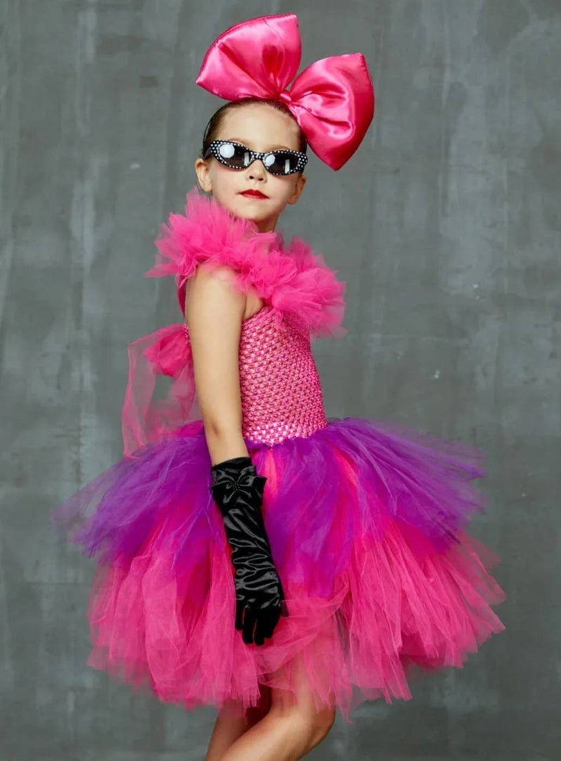 Kids Punk Rock Tutu Dress with Big Bows and Glasses Baby Girls Rockers Queen Halloween Costume Handmade Kids Tiered Party Dress