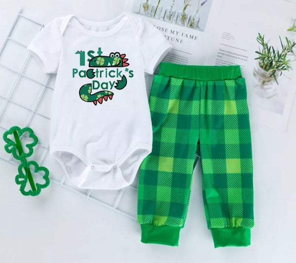 y First St Patricks Day Baby Boy Clothes Set Summer Romper+Green Plaid Pants Party Costume Toddler 2pcs Outfits