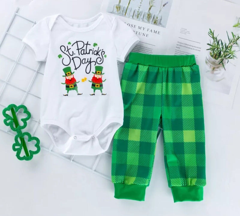 y First St Patricks Day Baby Boy Clothes Set Summer Romper+Green Plaid Pants Party Costume Toddler 2pcs Outfits