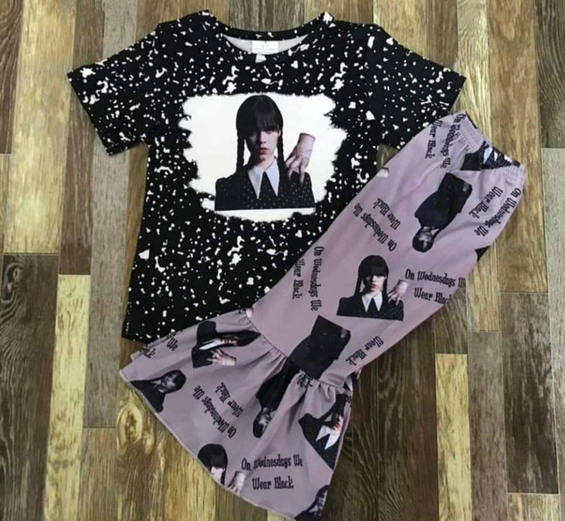 Kids Wednesday Addams Outfits Cartoon Girls Long Sleeves Bell Bottom Pants or Dress