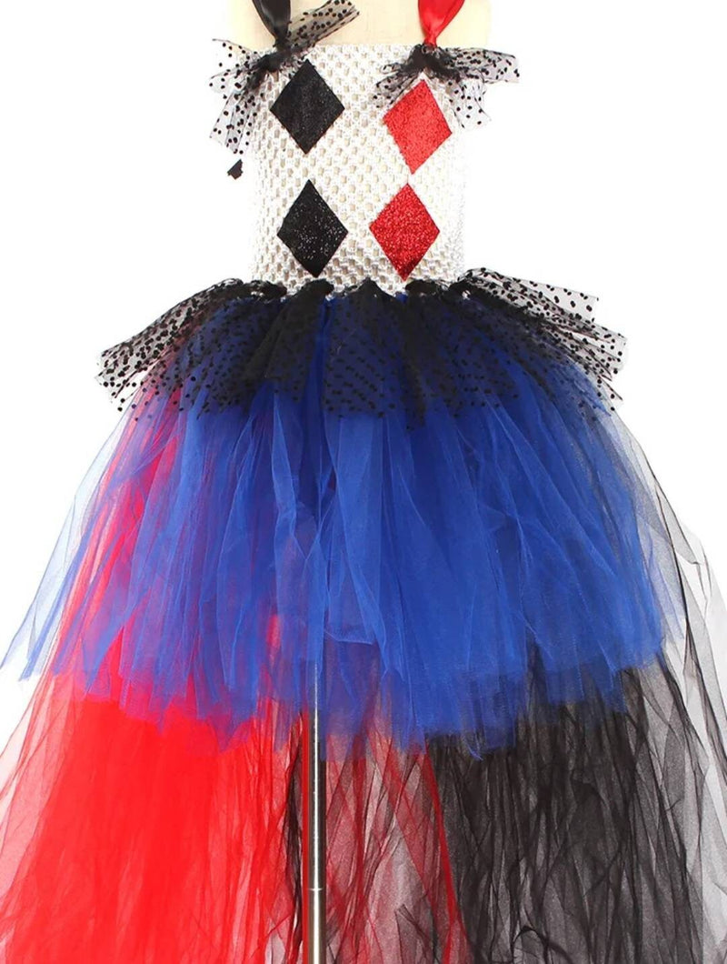 Jester Clown Inspired Girls Tutu Dress for Villain Halloween Cosplay Costume Kids Pageants Purim Party Fancy Ball Gown Vestidos