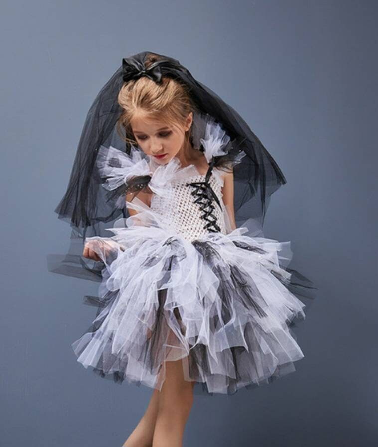 Halloween Zombie Bride Girls Tutu Dress with Veil Glitter Sparkle Tulle Kids Corpse Ghost Costume for Purim Carnival Party Dress