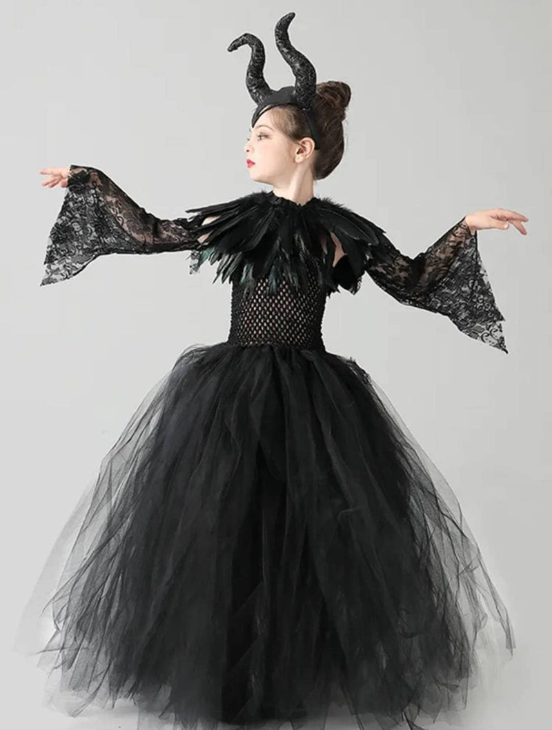 Kids Black Devil Tutu Costume Gothic Halloween Girls Fancy Tutu Dress with Feather Shawl Villain Royal Dark Queen Gown Dress