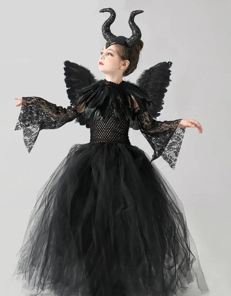 Kids Black Devil Tutu Costume Gothic Halloween Girls Fancy Tutu Dress with Feather Shawl Villain Royal Dark Queen Gown Dress