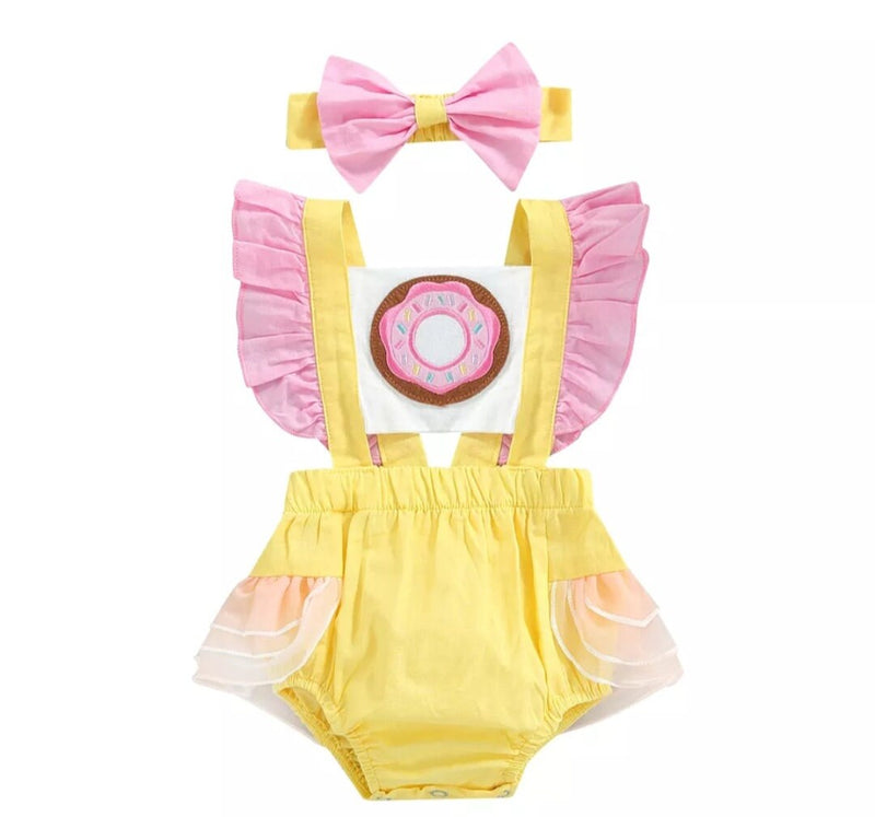 Infant Baby Girl Summer Jumpsuit Set, Ruffled Sleeve Donut Graphic Print Contrast Color Romper + Bow Headband