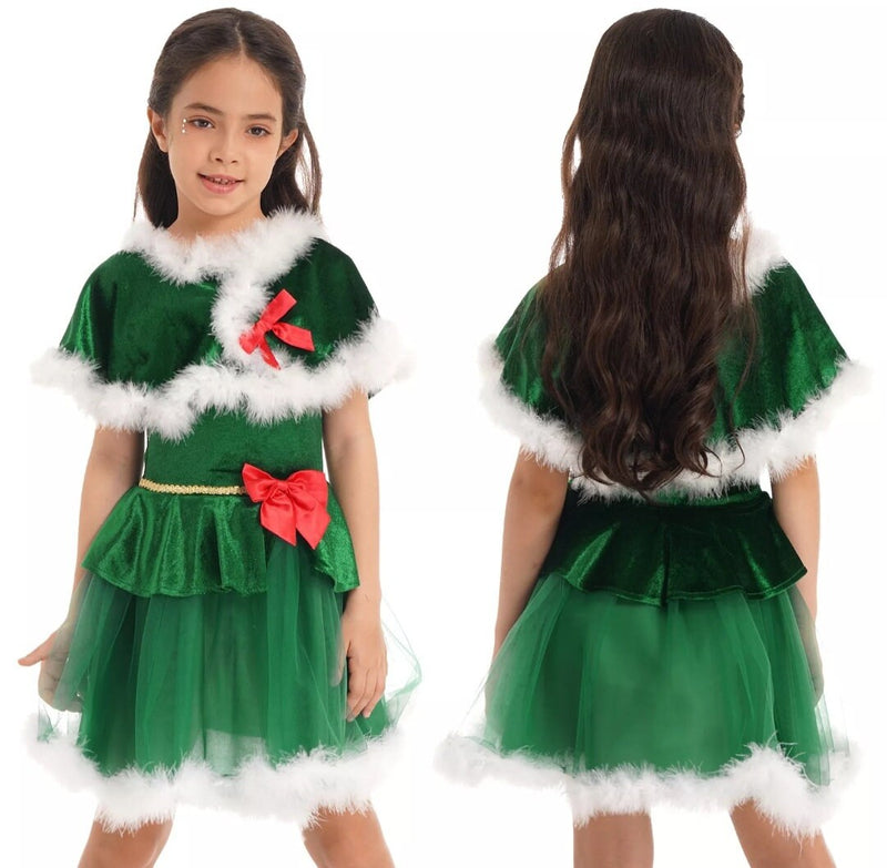Kid Girls Christmas Dance Outfit Feather Velvet Tutu Dress with Cape Halloween Xmas Party Santa Claus Cosplay Stage Show Costume