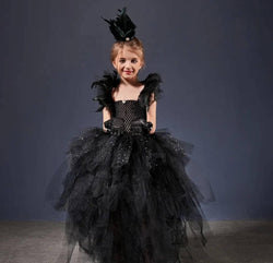 Halloween Evil Queen Costume Girls Vampire Ball Gown Tutu Dress Hi-Low Kids Princess Birthday Party Black Royalty Fancy Dress