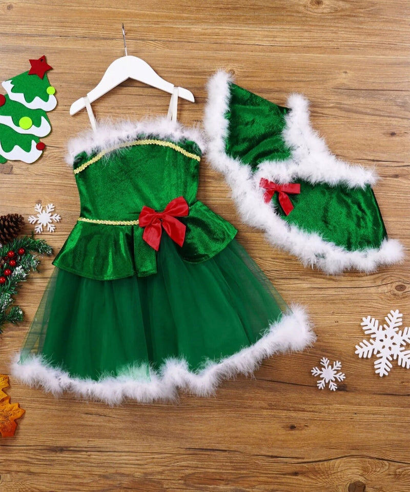 Kid Girls Christmas Dance Outfit Feather Velvet Tutu Dress with Cape Halloween Xmas Party Santa Claus Cosplay Stage Show Costume