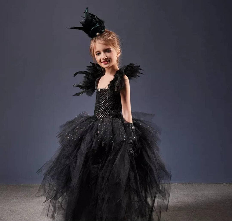 Halloween Evil Queen Costume Girls Vampire Ball Gown Tutu Dress Hi-Low Kids Princess Birthday Party Black Royalty Fancy Dress