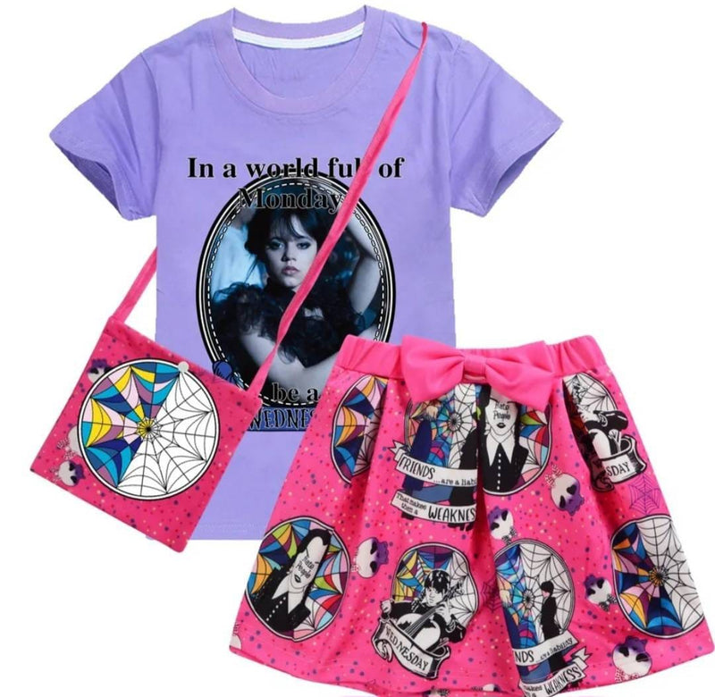 Kids Wednesday Addams Outfits Cartoon Girls  Dress Skirt, Shirt and bag