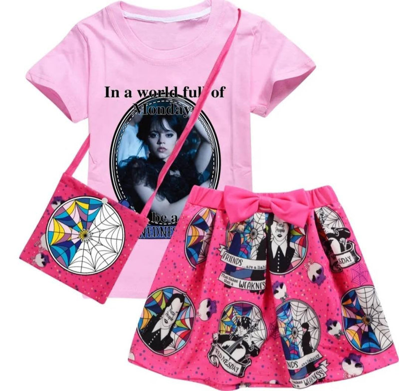 Kids Wednesday Addams Outfits Cartoon Girls  Dress Skirt, Shirt and bag