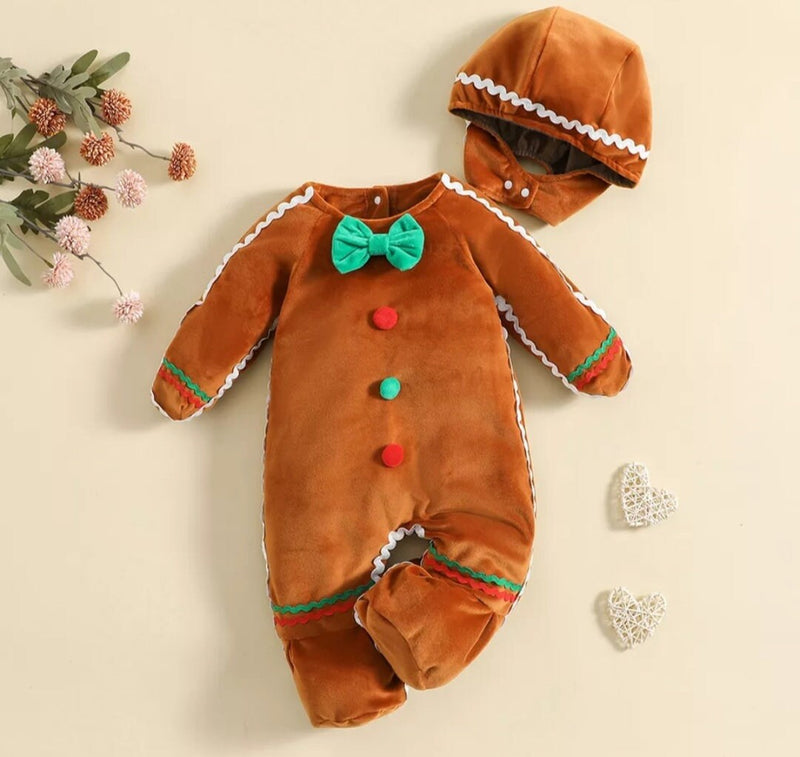 Gingerbread Man Baby 2pcs Christmas Autumn Winter Baby Girls Boys Romper 0-18M Colorful Ball Bowknot Long Sleeve Velvet Jumpsuit Hats