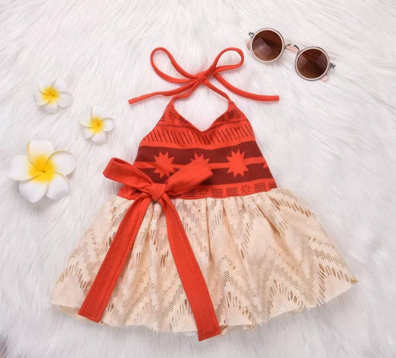 Princess Moana Cosplay Costume Infant Baby Girls Sleeveless Backless Bandage A-line Dresses with Bowknot