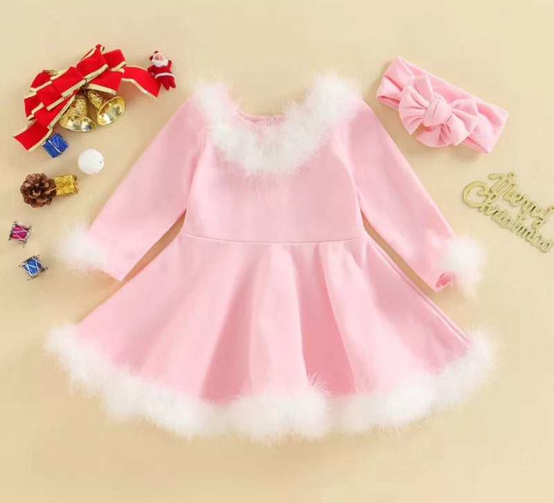 Pink Christmas Toddler Girls Heavenly Angel Princess Dress Fur Collar Long Sleeve High Waist Solid A-Line Dress
