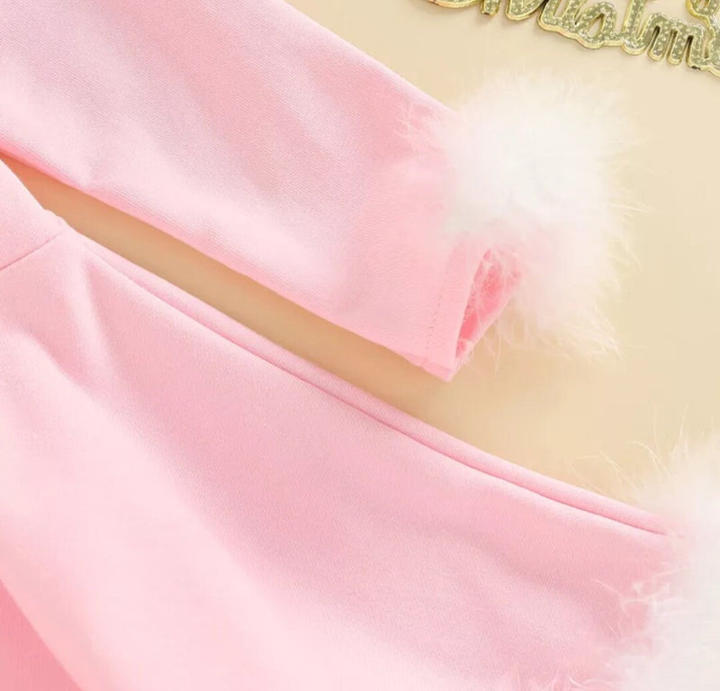 Pink Christmas Toddler Girls Heavenly Angel Princess Dress Fur Collar Long Sleeve High Waist Solid A-Line Dress