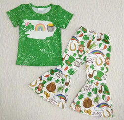 Toddler Girl Spring Clothes St Patrick Kids Green Top And Bells Suit Children Rainbow Printed Design Outfit