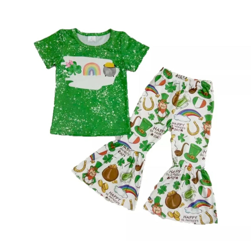 Toddler Girl Spring Clothes St Patrick Kids Green Top And Bells Suit Children Rainbow Printed Design Outfit