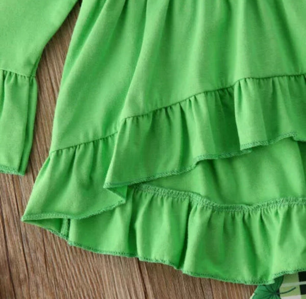St Patricks Day Toddler Little Girl Clothes Ruffle Flare Long Sleeve Tops Dress Four Leaf Clover Leggings Pants Outfit