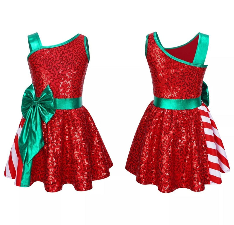Kids Girls Sequins Christmas Costume Sleeveless Stripe Bow Xmas New Year Cosplay Ballet Tutu Dress Dance Performance Dancewear
