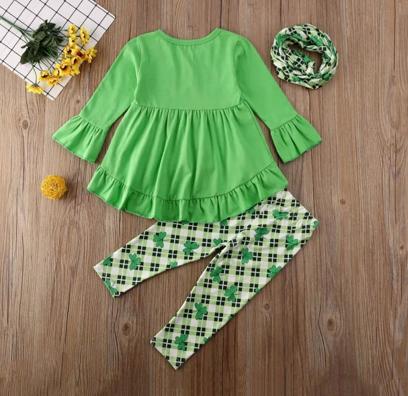 St Patricks Day Toddler Little Girl Clothes Ruffle Flare Long Sleeve Tops Dress Four Leaf Clover Leggings Pants Outfit