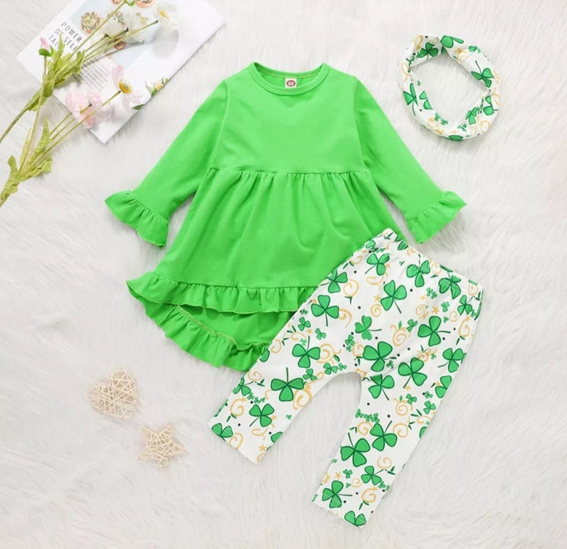 St Patrick's Day Toddler Kids Baby Girl Ruffle Top Dress Clover Print Pants Legging Outfits Set Kids Clothes Spring Children Set